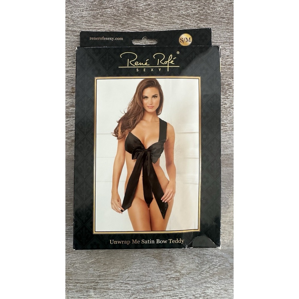 NEW Unwrap Me Satin Bow Teddy Sexy Lingerie Rene' Rofe Size S/M BLACK New in Box